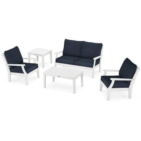 Braxton 5 Pc Recycled Plastic Seating Set in White/Marine Indigo by POLYWOOD