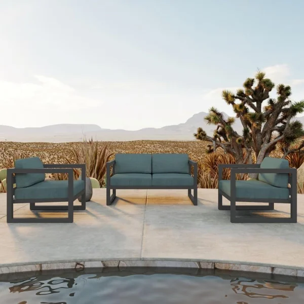 Misty Cove 3 Pc Aluminum Seating Set w/ Loveseat in Slate/Cast Lagoon by Lakeview Outdoor Designs