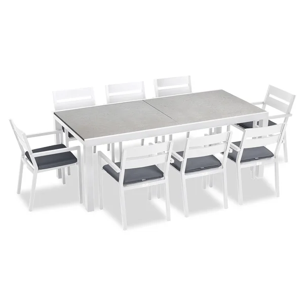 Calm Bay 9 Pc Extendable Aluminum Dining Set in White/Concrete/Canvas Charcoal by Lakeview Outdoor Designs