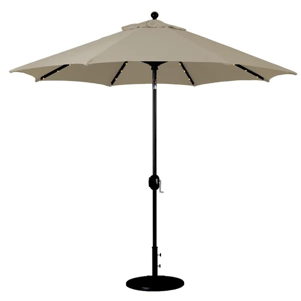 Galtech 9 Ft. Lighted LED Octagonal Aluminum Patio Market Umbrella W/ Crank Lift And Auto Tilt - Black Frame W/ Sunbrella Canvas Camel Canopy