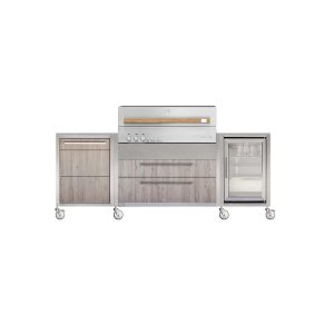 Burnout BBQ Modular Outdoor Front - Lit Kitchen Island on Casters w/ Flammkraft Model D Built-In Grill, Caso 2.2 Cu Ft Refrigerator, and Propane Pullout - Oak