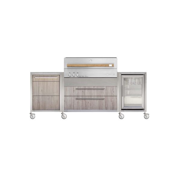 Burnout BBQ Modular Outdoor Front - Lit Kitchen Island on Casters w/ Flammkraft Model D Built-In Grill, Caso 2.2 Cu Ft Refrigerator, and Propane Pullout - Oak