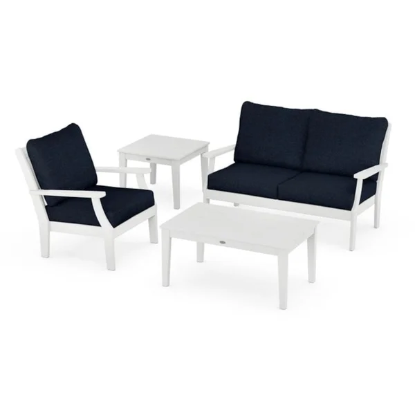 Braxton 4 Pc Recycled Plastic Seating Set w/ Coffee & End Table in White/Marine Indigo by POLYWOOD