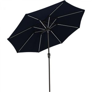 Ultimate Patio 9 Ft. Solar Lighted Octagonal Aluminum Patio Market Umbrella W/ Crank & Tilt - Black Frame & Navy Blue Sunbrella Canopy