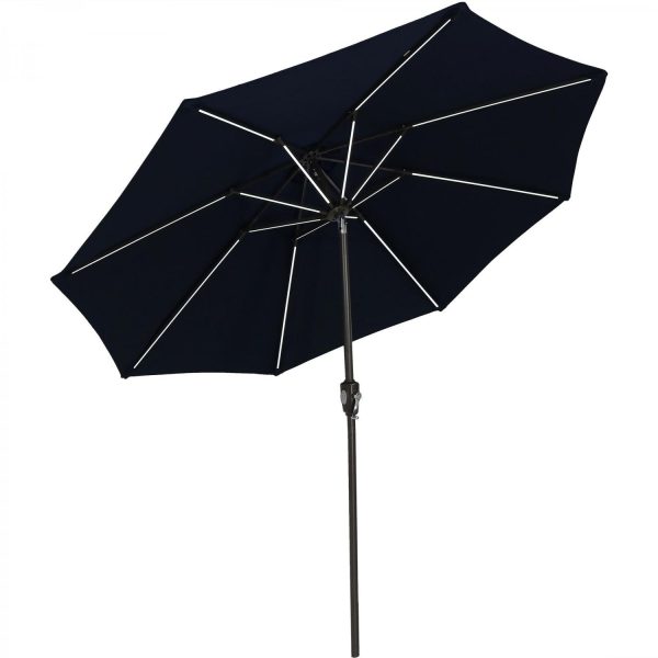 Ultimate Patio 9 Ft. Solar Lighted Octagonal Aluminum Patio Market Umbrella W/ Crank & Tilt - Black Frame & Navy Blue Sunbrella Canopy