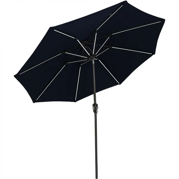 Ultimate Patio 9 Ft. Solar Lighted Octagonal Aluminum Patio Market Umbrella W/ Crank & Tilt - Black Frame & Navy Blue Sunbrella Canopy