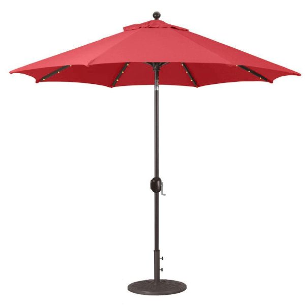 Galtech 9 Ft. Lighted LED Octagonal Aluminum Patio Market Umbrella W/ Crank Lift And Auto Tilt - Antique Bronze Frame W/ Sunbrella Canvas Jockey Red Canopy