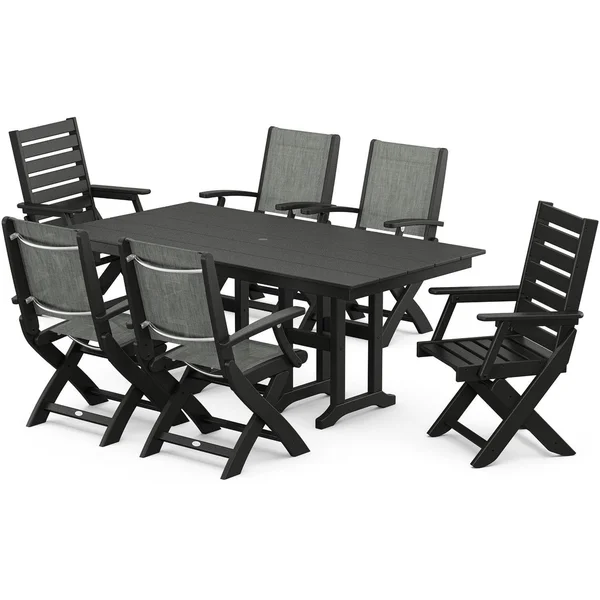 POLYWOOD x BBQGuys Creekside 7 Pc Recycled Plastic Dining Set W/ Birch Sling in Black