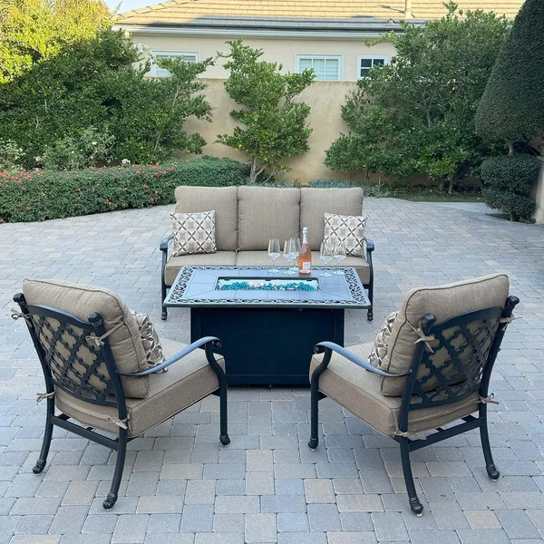 Madison 4 Pc Cast Aluminum Fire Pit Seating Set w/ 49 X 35 Inch Table in Antique Bronze/Sesame by Darlee