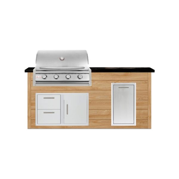 BBQGuys Signature 6 Ft Outdoor Kitchen Island w/ 32 Inch Propane Blaze LBM Grill & Narrow Trash Bin | Sun Bleached Oak w/ Titanium Granite