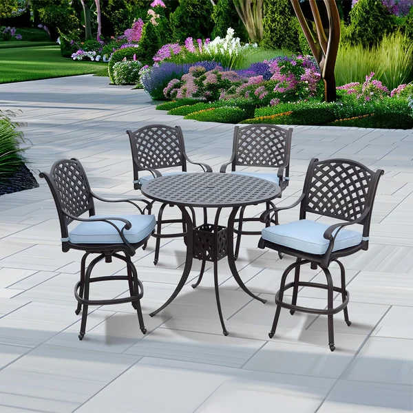 Nassau 5 Pc Cast Aluminum Bar Set w/ 42 Inch Round Series 30 Table in Antique Bronze/Sky Blue by Darlee