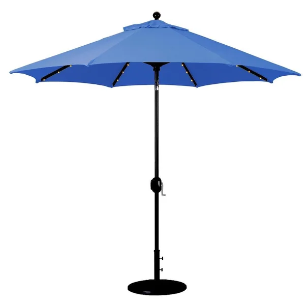 Galtech 9 Ft. Lighted LED Octagonal Aluminum Patio Market Umbrella W/ Crank Lift And Auto Tilt - Black Frame W/ Sunbrella Canvas Pacific Blue Canopy