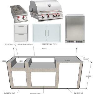 EZ Finish Systems 7 1/2 Ft Ready to Finish Outdoor Kitchen Island w/ Blaze LTE 32-Inch Propane Grill, Side Burner, & Refrigerator