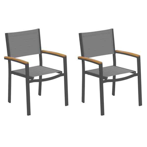 Travira 2 Pc Composite Sling & Aluminum Dining Chair W/ Natural Tekwood Arm Caps in Carbon/Titanium By Oxford Garden