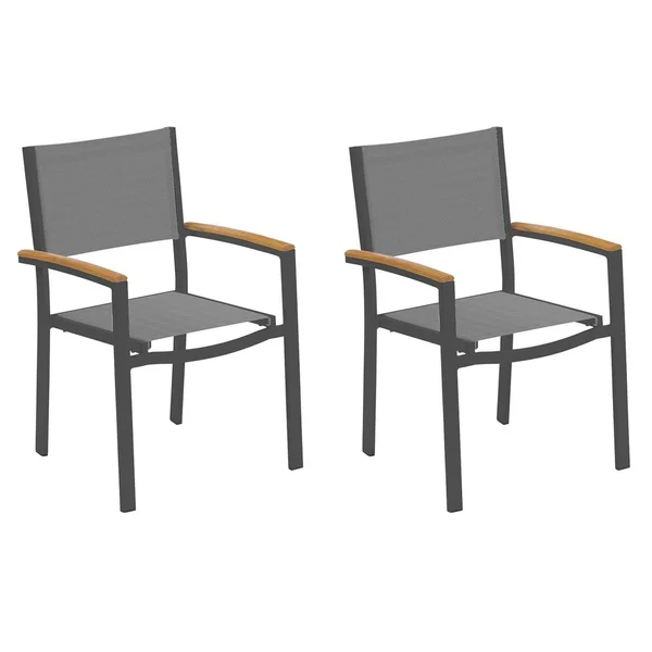 Travira 2 Pc Composite Sling & Aluminum Dining Chair W/ Natural Tekwood Arm Caps in Carbon/Titanium By Oxford Garden