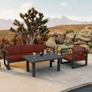Misty Cove 3 Pc Aluminum Seating Set w/ Sofa & Classic Chat Table in Slate/Canvas Henna by Lakeview Outdoor Designs