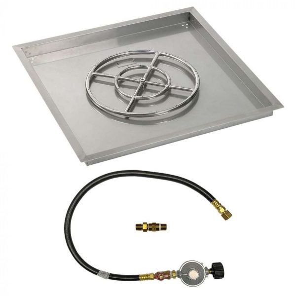 BBQGuys Signature 30 Inch Stainless Steel Square Drop-In Fire Pit Pan W/Match Light Kit - 18 Inch Ring - Propane