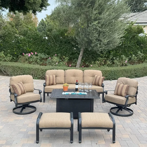 Elisabeth 6 Pc Cast Aluminum Fire Pit Seating Set w/ 2 Swivel Chairs, Sofa and 2 Ottomans in Antique Bronze/Sesame by Darlee