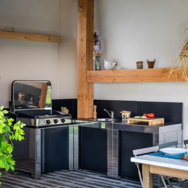 ENO 3 Burner Natural Gas Plancha L Shaped Outdoor Kitchen Island with Sink, Storage Shelves, Drawer, and Cleaning Kit