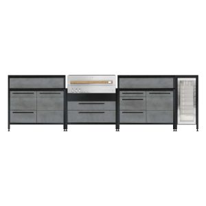 Burnout BBQ Modular Front - Lit Outdoor Kitchen Island w/ Flammkraft Model D Built-In Grill, Caso 4.4 Cu Ft. Refrigreator, Double Drawers, Propane Pullout, and Pullout Waste Bins - Smoke