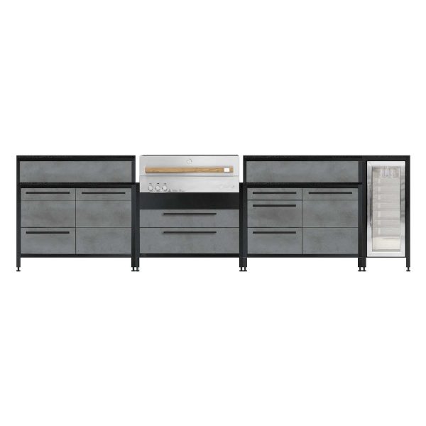 Burnout BBQ Modular Front - Lit Outdoor Kitchen Island w/ Flammkraft Model D Built-In Grill, Caso 4.4 Cu Ft. Refrigreator, Double Drawers, Propane Pullout, and Pullout Waste Bins - Smoke