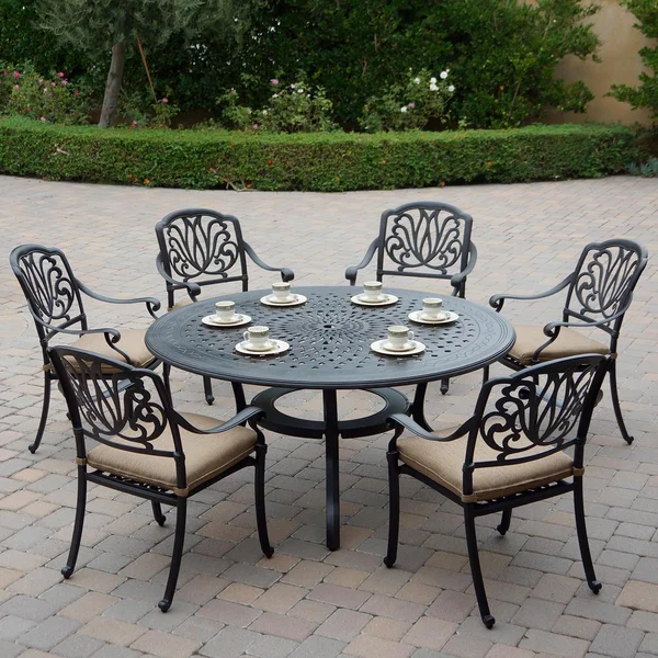 Elisabeth 7 Pc Cast Aluminum Dining Set w/ 60 Inch Round Table in Antique Bronze/Sesame by Darlee