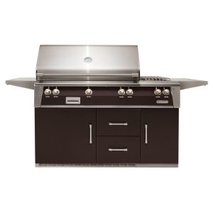 Alfresco ALXE 56-Inch Freestanding Natural Gas Deluxe Grill On Refrigerated Cart With Sear Zone, Rotisserie, And Side Burner in Jet Black Matte - ALXE-56SZR-NG-SM9005