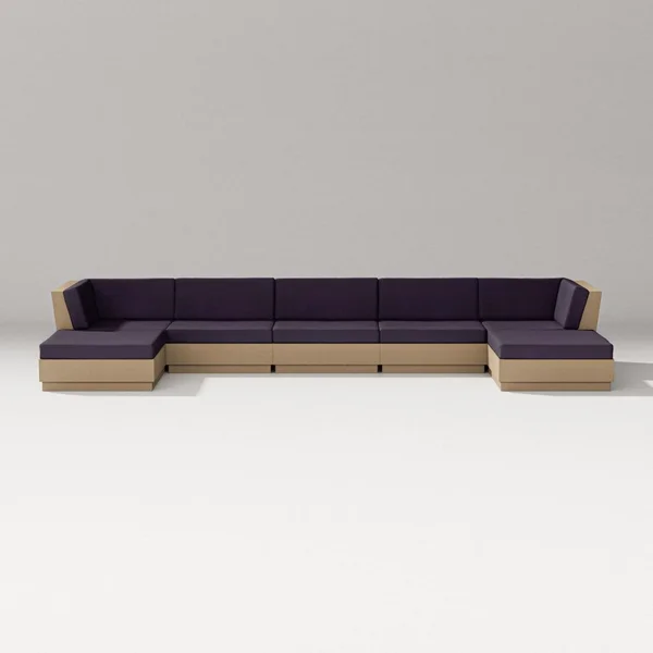 Elevate 7 Pc Recycled Plastic Double Chaise Seating Set in Vintage Sahara/Navy Linen By PW Designer Series