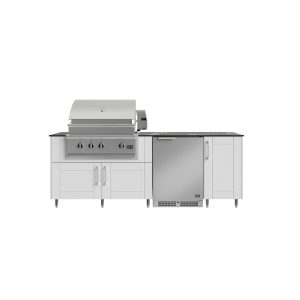 WeatherStrong Bimini 7 1/2 Ft Outdoor Kitchen Island w/ DCS Natural Gas Grill & Refrigerator in Shell White/Midnight Ice