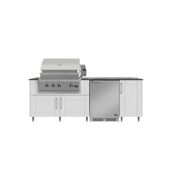 WeatherStrong Bimini 7 1/2 Ft Outdoor Kitchen Island w/ DCS Natural Gas Grill & Refrigerator in Shell White/Midnight Ice