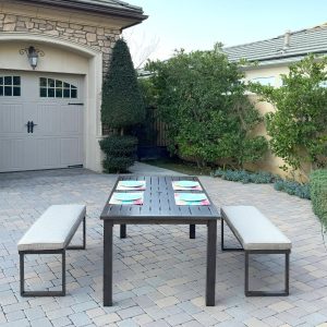 Atlantis 3 Pc Aluminum Dining Set w/ 2 Two Person Benches in Walnut/Beige by Darlee