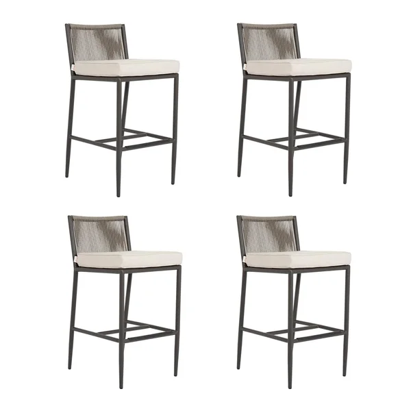 Pietra 4 Piece Rope & Aluminum Patio Counter Stool Set W/ Sunbrella Echo Ash Cushions By Sunset West