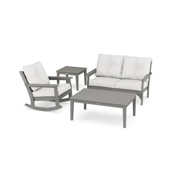 Vineyard 4 Pc Recycled Plastic Seating Set w/ Rocking Chair in Slate Gray/Natural Linen by POLYWOOD