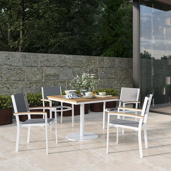 Travira 5 Pc Composite Sling & Aluminum Dining Set W/ Natural Tekwood Arm Caps & Square Table Top in Chalk/Titanium By Oxford Garden