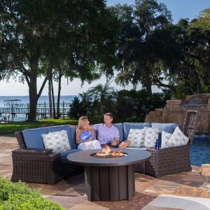 Laurent 6 Pc Resin Wicker Fire Pit Seating Set in Driftwood/Adena Celeste by Ebel