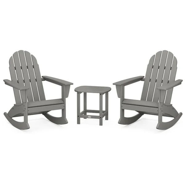 Vineyard 3 Pc Recycled Plastic Adirondack Rocking Chair Set w/ South Beach End Table in Slate Gray by POLYWOOD