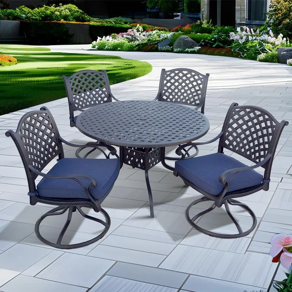 Nassau 5 Pc Cast Aluminum Dining Set w/ 48 Inch Round Series 30 Table & Swivel Rockers in Antique Bronze/Navy by Darlee