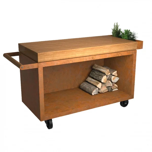 OFYR Mise en Place Corten 135 PRO Teak Wood 65 Inch Food Prep Station - MP-135-PRO-TW