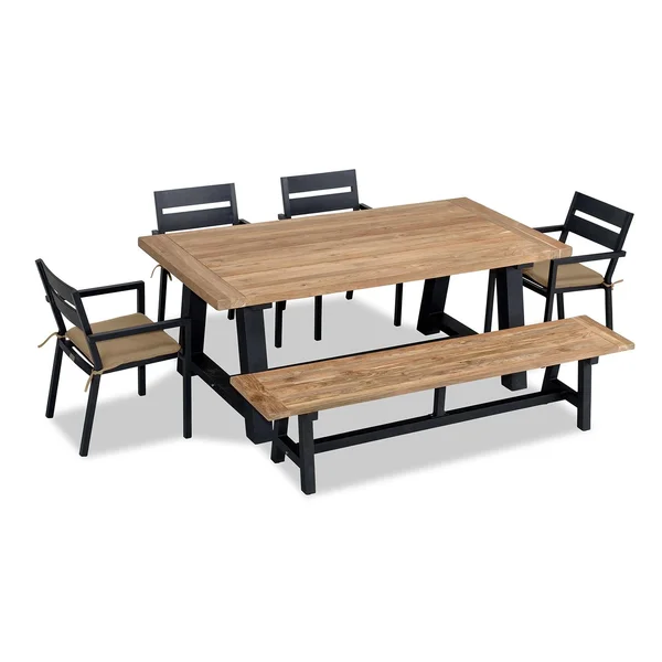 Calm Bay Mill 7 Pc Reclaimed Teak Aluminum Dining Set w/ Bench in Black/Heather Beige by Lakeview Outdoor Designs
