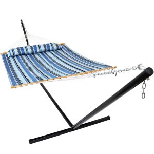 Ultimate Patio Quilted Double Hammock w/ 15-Foot Steel Beam Stand & Pillow - Misty Beach