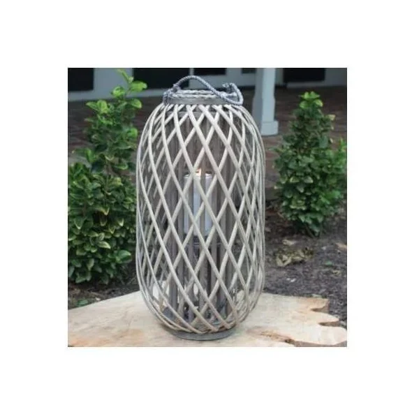 23" Grey Willow Lantern with Glass - Large