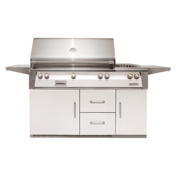 Alfresco ALXE 56-Inch Freestanding Propane Deluxe Grill On Refrigerated Cart With Sear Zone, Rotisserie, And Side Burner in Signal White Gloss - ALXE-56SZR-LP-S9003