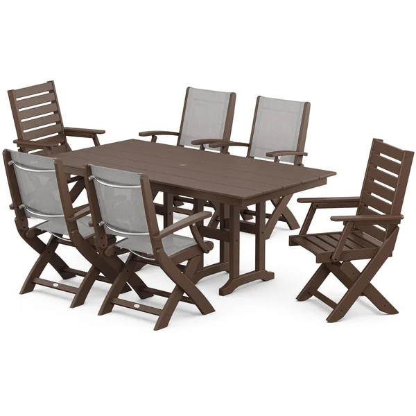 POLYWOOD x BBQGuys Creekside 7 Pc Recycled Plastic Dining Set W/ Parchment Sling in Mahogany