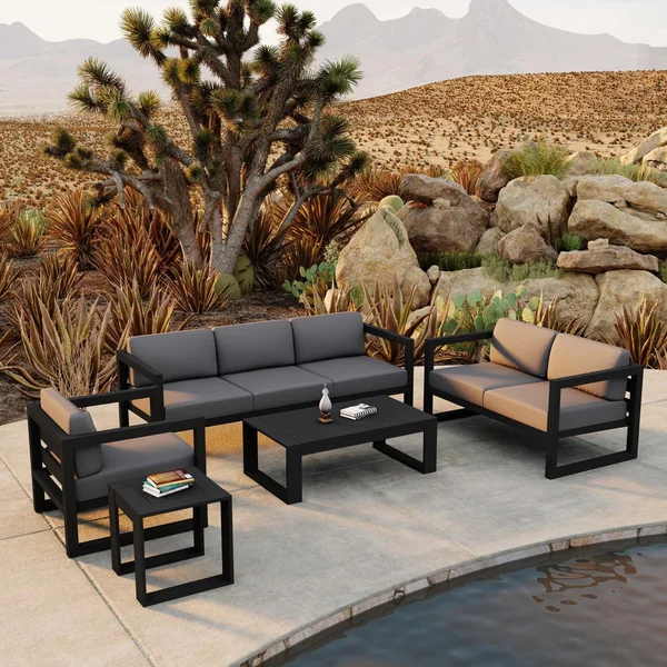 Misty Cove 5 Pc Aluminum Seating Set w/ Sofa in Black/Canvas Charcoal by Lakeview Outdoor Designs