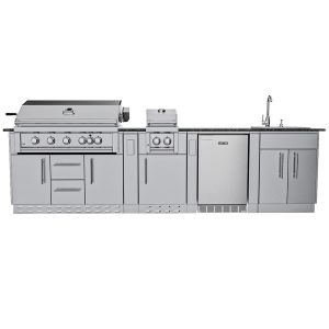 Sunstone Grills Gulf Breeze 10 Ft Outdoor Kitchen Island w/ Propane Grill & Side Burner, Sink, Refrigerator, Door & Drawer