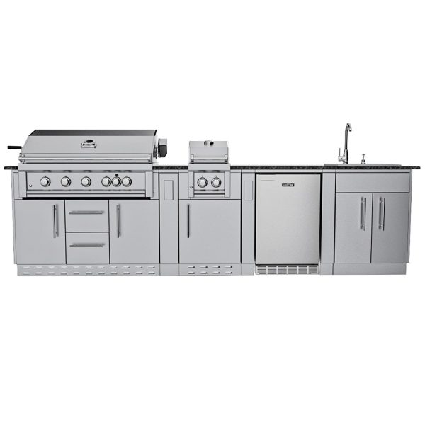 Sunstone Grills Gulf Breeze 10 Ft Outdoor Kitchen Island w/ Propane Grill & Side Burner, Sink, Refrigerator, Door & Drawer