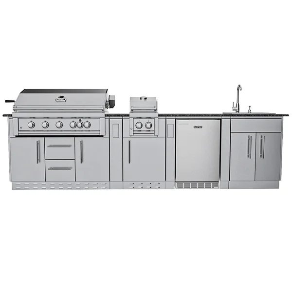 Sunstone Grills Gulf Breeze 10 Ft Outdoor Kitchen Island w/ Propane Grill & Side Burner, Sink, Refrigerator, Door & Drawer