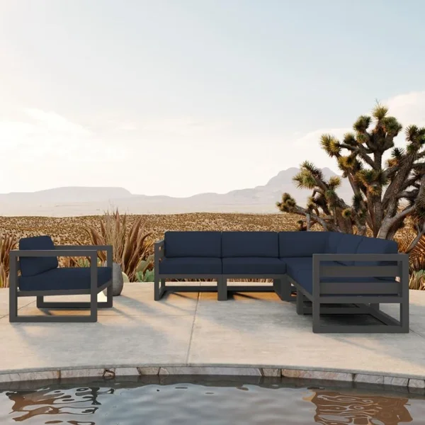 Misty Cove 6 Pc Aluminum Seating Set w/ Sectional in Slate/Spectrum Indigo by Lakeview Outdoor Designs