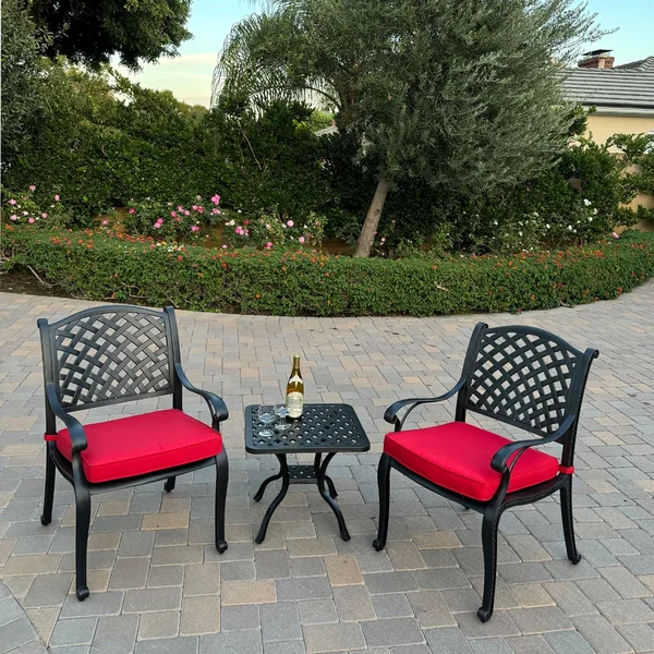 Nassau 3 Pc Cast Aluminum Conversation Set in Antique Bronze w/ Red Cushions By Darlee