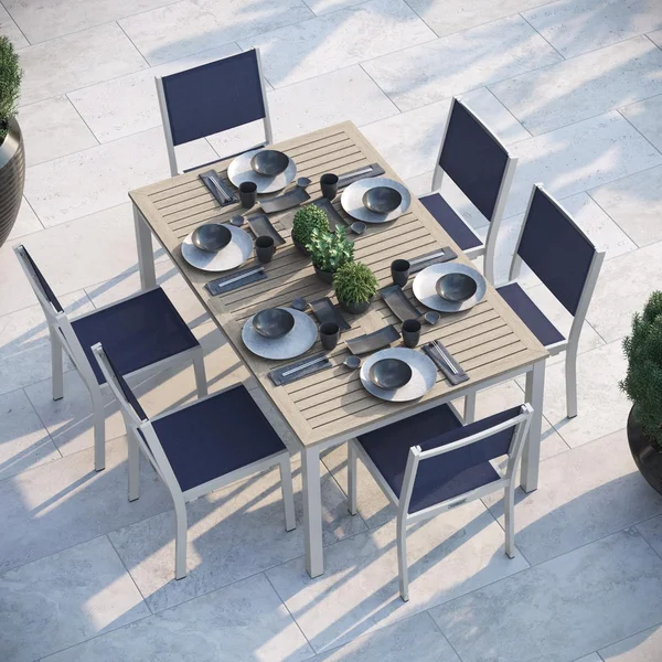 Travira 7 Pc Composite Sling & Aluminum Dining Set W/ Vintage Tekwood in Flint/Ink Pen By Oxford Garden
